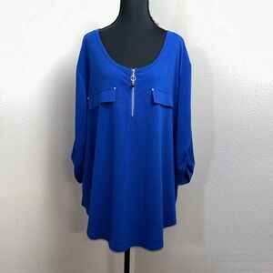 Roommates 3/4 Sleeve Blouse Women's 3X Blue 1/4 Zip Casual Artsy Pocket Boho